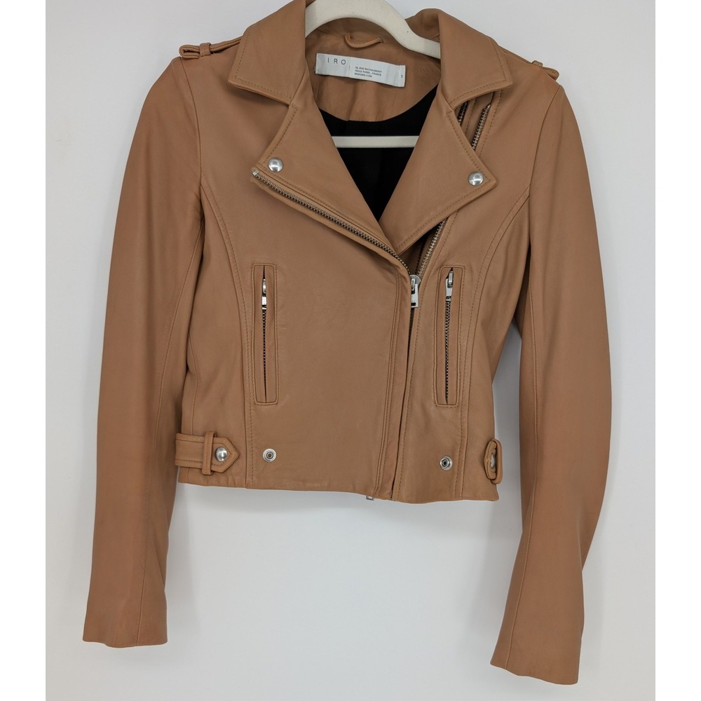 IRO Luigaspe Moto Jacket Women 36 Tan Lamb Leather Asymmetrical Zip Biker Chic - Picture 9 of 16